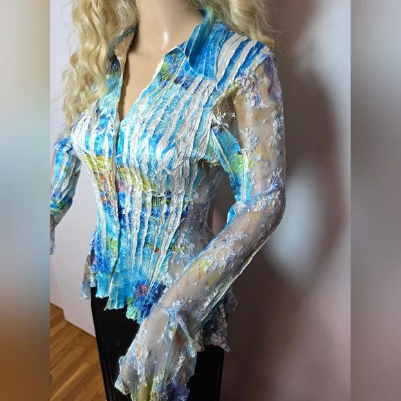 Caché Vintage Blue Abstract Floral Mesh Lace Button Up Blouse Crinkle Texture S - Picture 5 of 10